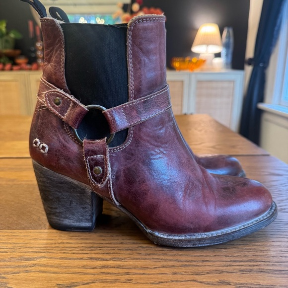 Bench Shoes - BED STU Burgundy Distressed Harness Boot Strap Heel Cobbler Series Western